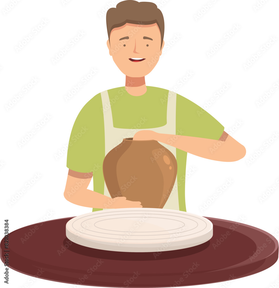 Smiling young man crafting pottery on a spinning wheel, illustrating craftsmanship and art Smiling young man crafting pottery on a spinning wheel, illustrating craftsmanship and art