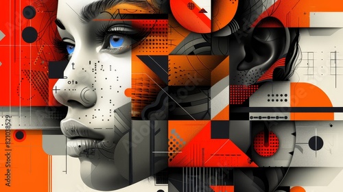 An abstract vector illustration of cubist faces, blending multiple perspectives into one face with bold shapes and colors. 