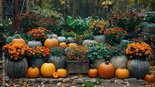 A picturesque autumn garden backdrop adorned with vibrant seasonal hues features fresh pumpkins  verdant foliage  and radiant orange blooms  creating a festive Thanksgiving ambiance..stock photo