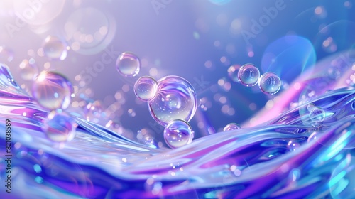 3D rainbow bubbles on a background of blue and purple gradient, holographic texture.