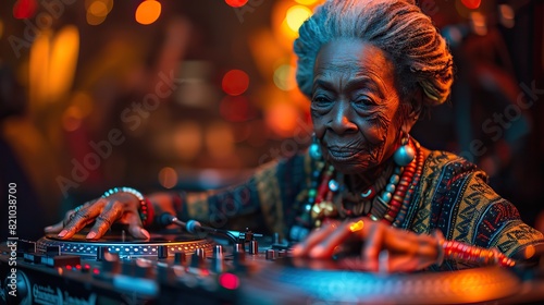 An elderly woman with a vibrant spirit defies societal expectations by spinning electro music on a turntable, painting the twilight of her life with bold and unconventional hues..illustration
