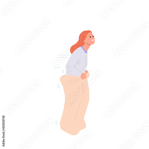 Cheerful woman isolated cartoon character hopping fast in sack participating in festival contest
