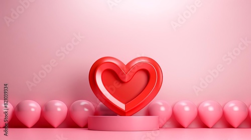 The pink-themed image showcases a decorative red heart on a stand with a row of pink heart-shaped balloons in the background.