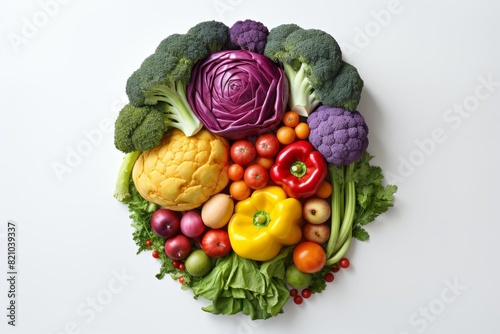 Top view of a colorful arrangement of fresh vegetables including broccoli, cabbage, peppers, and tomatoes on a white background.