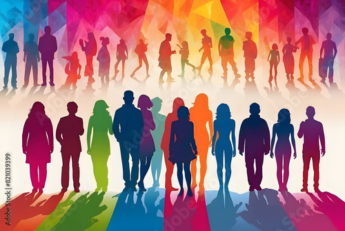 Diversity and inclusion poster. Diversity  equity and inclusion concept. Many silhouettes of different figures  diversity of people  DEIB. Diversity  equity  inclusion and belonging color illustration