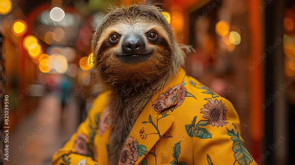An anthropomorphic sloth wearing a relaxed floral suit poses for a portrait with a captivatingly human demeanor..illustration