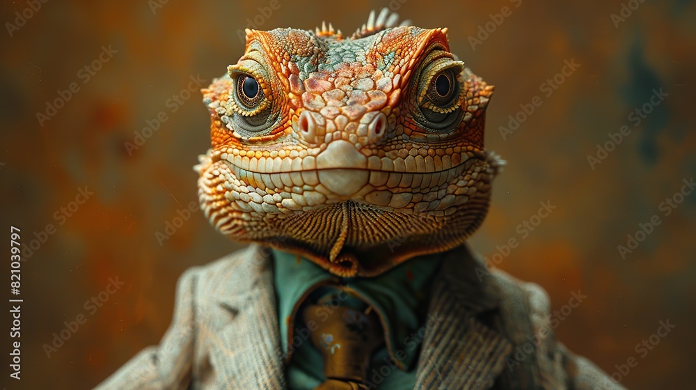 An elegantly attired lizard in a suit and tie poses for a charismatic fashion portrait, showcasing its charmingly human-like demeanor..stock image An elegantly attired lizard in a suit and tie poses for a charismatic fashion portrait, showcasing its charmingly human-like demeanor..stock image