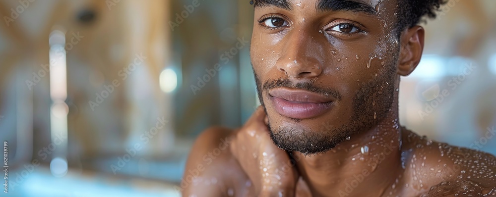 Morning skincare: a black man applies serum in a light-filled bathroom, creating a casual and relaxed atmosphere Morning skincare: a black man applies serum in a light-filled bathroom, creating a casual and relaxed atmosphere