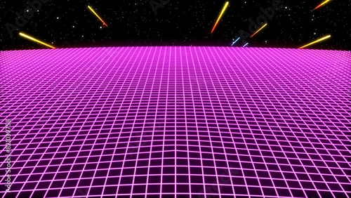 Retro-futuristic grid landscape that is reminiscent of the 1980s video game concept. Infinite loop background
