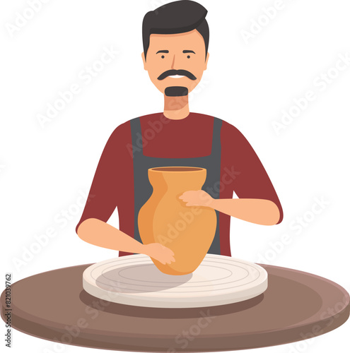 Illustration of a male potter creating a clay pot on a potter's wheel, with focus and dedication