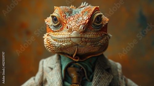 An elegantly attired lizard in a suit and tie poses for a charismatic fashion portrait  showcasing its charmingly human-like demeanor..stock image
