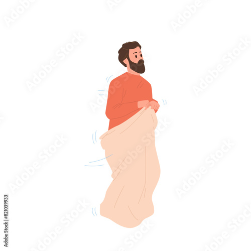 Adult bearded man cartoon character participating in challenge jumping in sack isolated on white