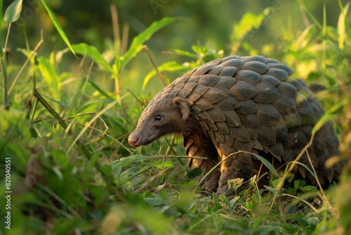 A pangolin photographed in grassland habitat, walking across the African savanna. Horizontal. Space for copy. © Mark G