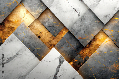 An elegant design of abstract geometric shapes in gold and marble textures, interlaced with soft white and grey tones for a sophisticated look.