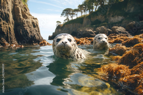 Seals resting on a rocky shore within a marine sanctuary, undisturbed by human interaction, highlighting the sanctuary’s photo