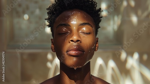 A young black man is enjoying his skincare routine, applying serum in a light-filled bathroom with minimalist style