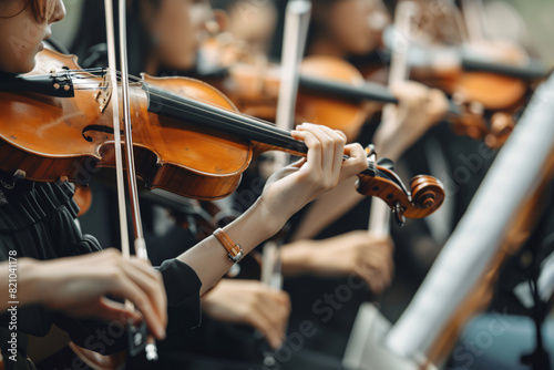 Close up of orchestra playing music photo