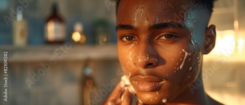 A young black man in a simple setting applying skincare, with morning light enhancing his smooth skin