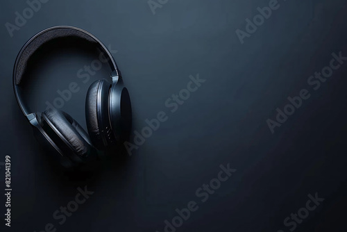 Black modern wireless headphones over dark background with copy space photo