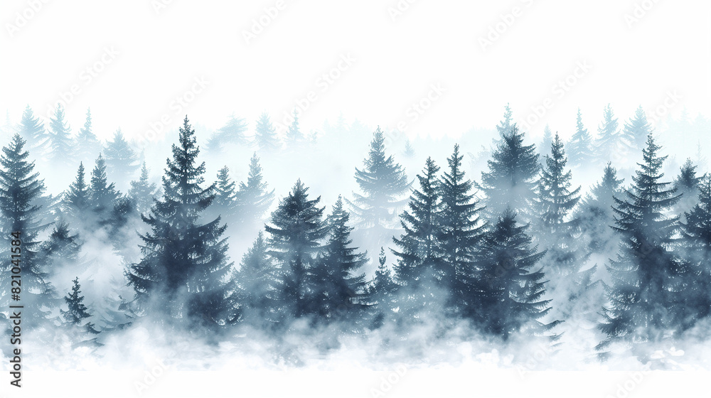 Fototapeta premium foggy spruce forest. Fir trees isolated on white background.