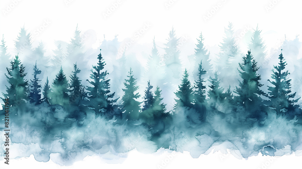 Fototapeta premium Blue landscape of foggy forest, winter hill. Wild nature, frozen, misty, taiga. watercolor background.