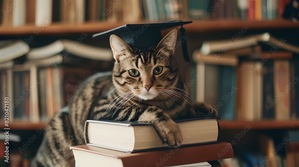Studious Tabby Cat with Graduation Cap Posing in Home Library Studious Tabby Cat with Graduation Cap Posing in Home Library