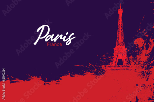 Eiffel Tower in Paris, France. Bridge and water. Hand drawing in retro style. Travel sketch. Vintage hand drawn touristic postcard, poster illustration