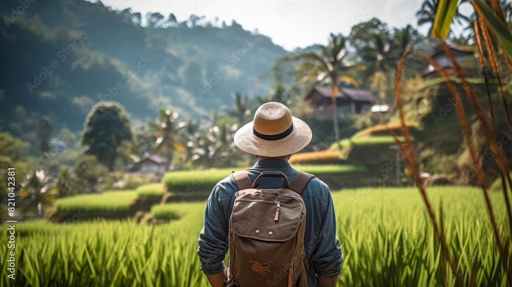 Person wearing a hat and backpack in tropical rice terraces selective focus, emphasis on hat, exploration theme, ethereal, Overlay, green scenery backdrop Person wearing a hat and backpack in tropical rice terraces selective focus, emphasis on hat, exploration theme, ethereal, Overlay, green scenery backdrop