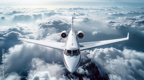 Realistic photo of White Luxury generic design private jet flying over the earth. Empty blue sky with white clouds at background. Business Travel Concept. Horizontal. 3d rendering.