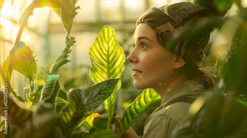Young Woman Enjoying Serene Moment in Sunlit Greenhouse