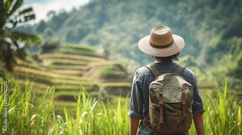 Person wearing a hat and backpack in tropical rice terraces selective focus, emphasis on hat, exploration theme, ethereal, Overlay, green scenery backdrop © Pakorn