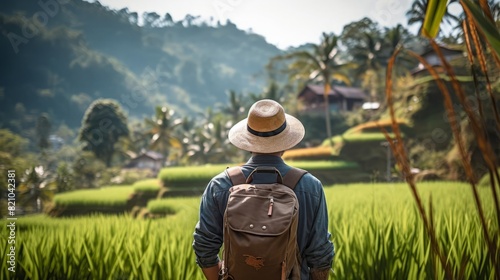 Person wearing a hat and backpack in tropical rice terraces selective focus, emphasis on hat, exploration theme, ethereal, Overlay, green scenery backdrop