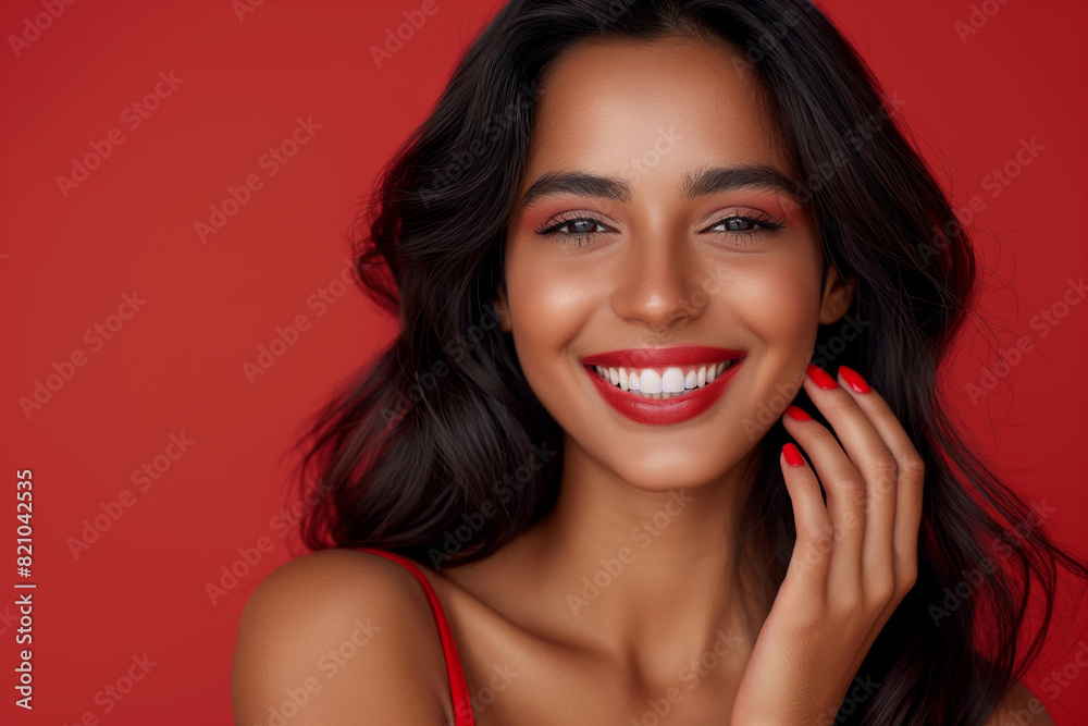 Young woman with dark hair and red nails, smiling brightly against a red background Young woman with dark hair and red nails, smiling brightly against a red background