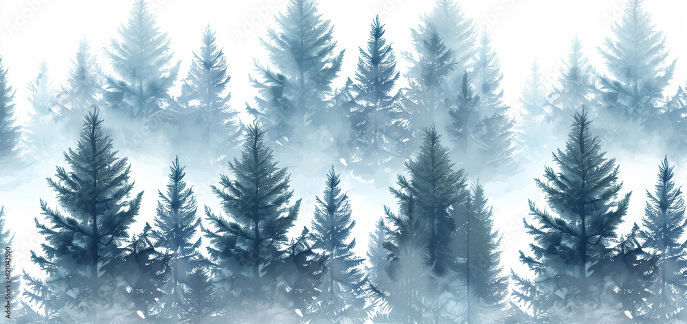 Obraz premium foggy spruce forest. Fir trees isolated on white background.