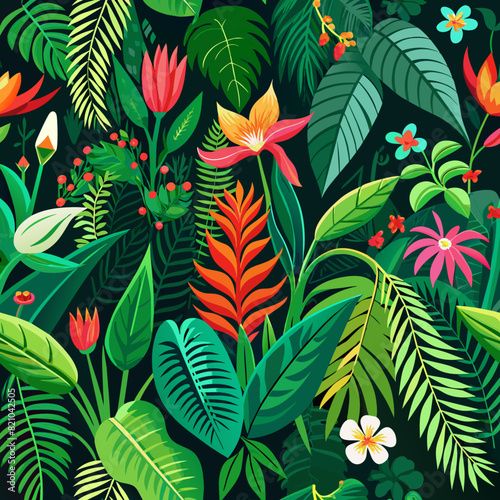 Vibrant rainforest foliage patterns  featuring intense greens and exotic flowers.1