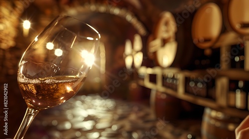 Elegant Glass of Wine in a Rustic Cellar with Oak Barrels