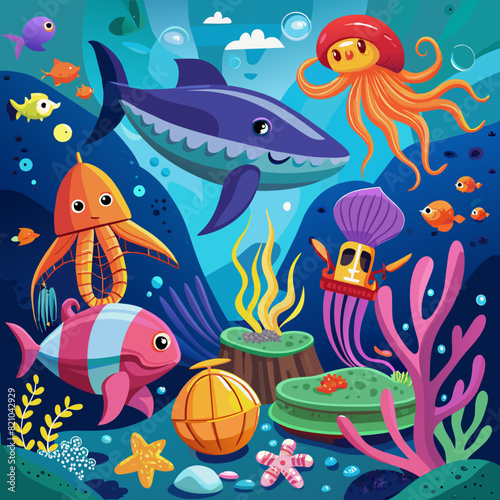 Undersea adventures with vibrant marine life illustrations for educational content.