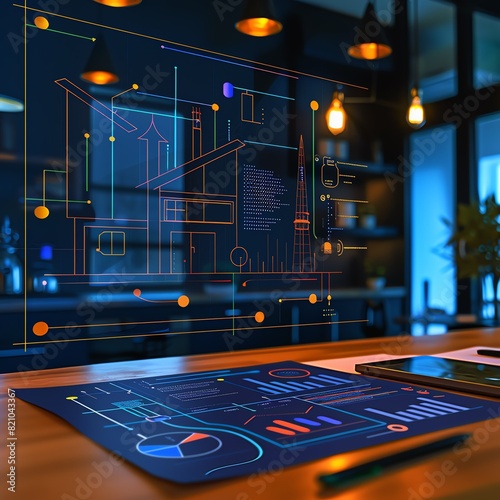Futuristic technology workspace with holographic diagrams and charts on a wooden desk in a modern office setting.