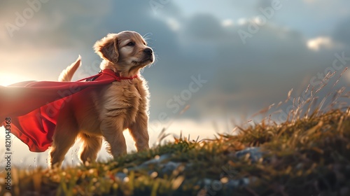 Brave Superhero Dog Stands Proud in Cape with Glowing Sunset Behind