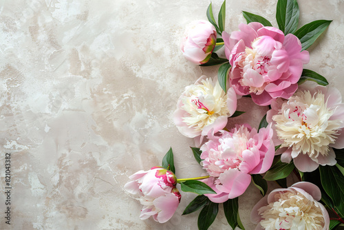 peony flowers and copy space over beige background