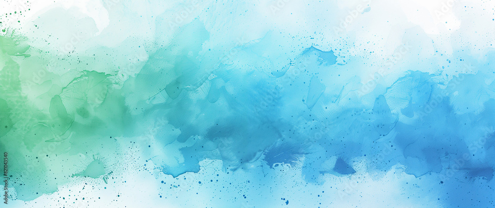 Blue green and white watercolor background with abstract cloudy sky concept with color splash design and fringe bleed stains and blobs.