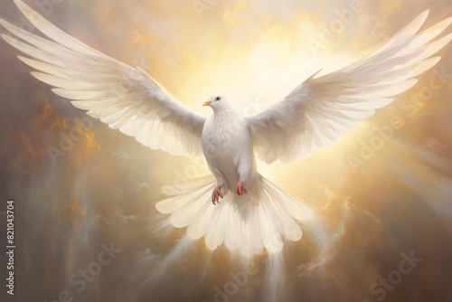 A beautiful painting of a dove representing the Holy Spirit, with its wings spread wide and light emanating from behind The artwork uses soft, pastel colors and a serene background to emphasize the do