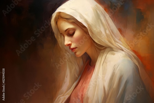 A serene painting depicting the Virgin Mary in a state of expectancy, cradling her pregnant belly with a soft, peaceful expression The artwork uses gentle, warm colors and soft brushstrokes to emphasi