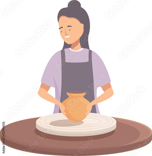 Illustration of a smiling woman shaping a clay pot on a pottery wheel, portraying artistic craft