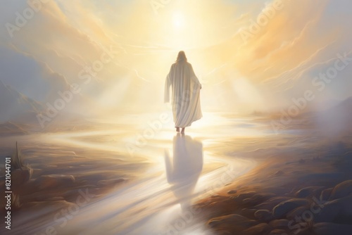 A beautiful painting showing a man walking in the light, guided by a divine presence The artwork uses soft colors and delicate lines to create a serene and inspiring atmosphere The scene reflects the