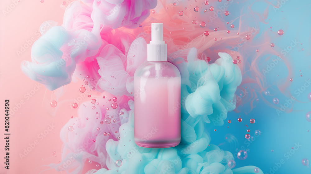 Colorful perfume bottle surrounded by vibrant splashes of pink and blue Colorful perfume bottle surrounded by vibrant splashes of pink and blue