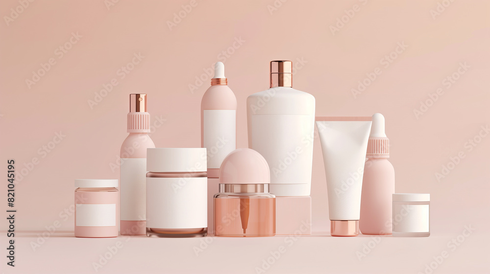 Assorted pink cosmetic bottles and containers on a pastel background. Assorted pink cosmetic bottles and containers on a pastel background.