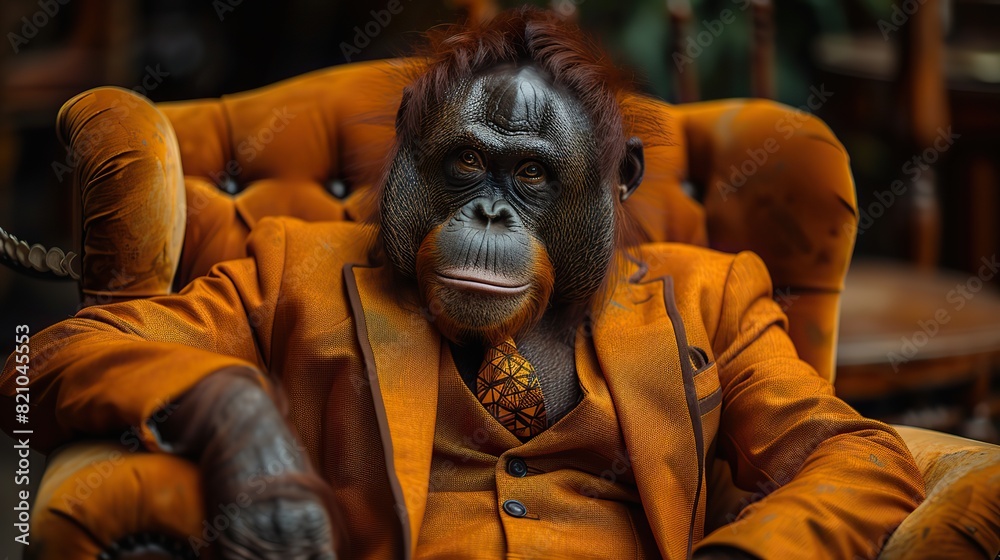 orangutan dressed in an elegant orange suit with a nice tie fashion portrait of an anthropomorphic animal monkey posing with a charismatic human attitude.illustration orangutan dressed in an elegant orange suit with a nice tie fashion portrait of an anthropomorphic animal monkey posing with a charismatic human attitude.illustration