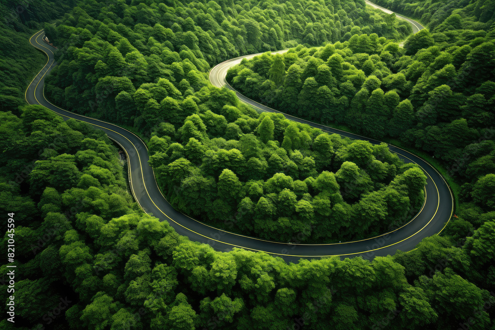 Winding Road Through Lush Greenery: Aerial View