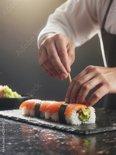 close up of the hands of a male chef preparing sushi food, photo realistic illustration